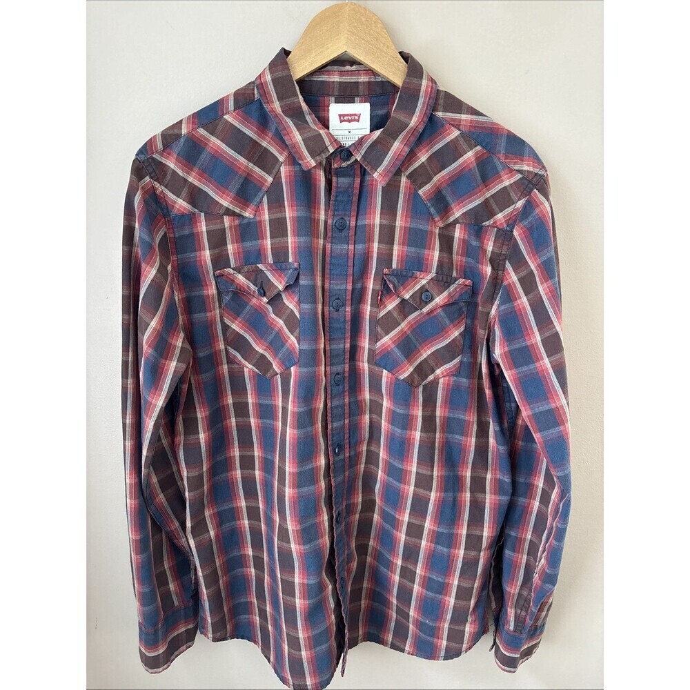 Levi’s Men’s Medium Plaid Button Down Shirt Blue Red Brown Long Sleeve